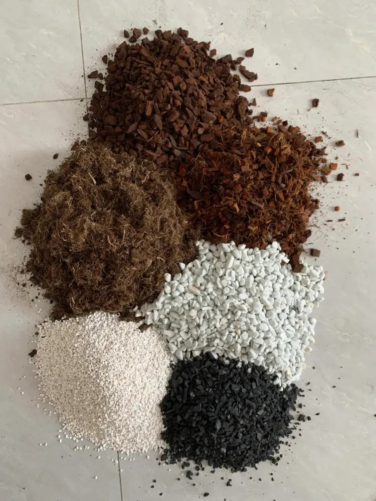 Basic Anthurium soil mix ingredients laid out separately, including bark, organic base, perlite, chunky support, and charcoal