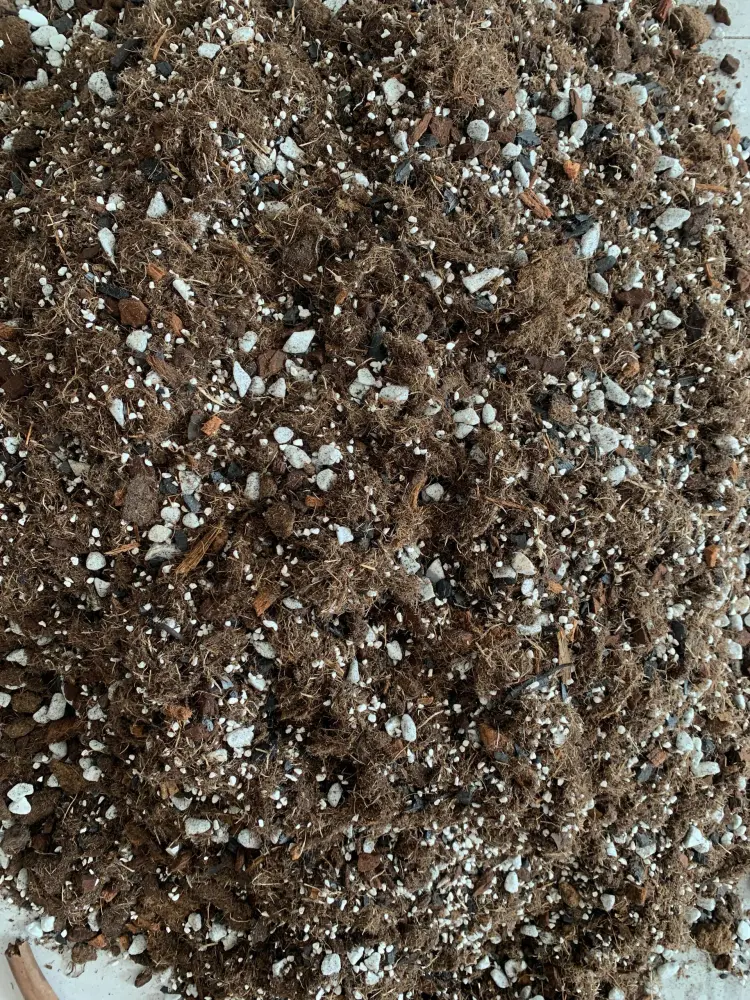 Close-up of a blended Anthurium soil mix with organic base, bark, perlite, and chunky particles evenly distributed