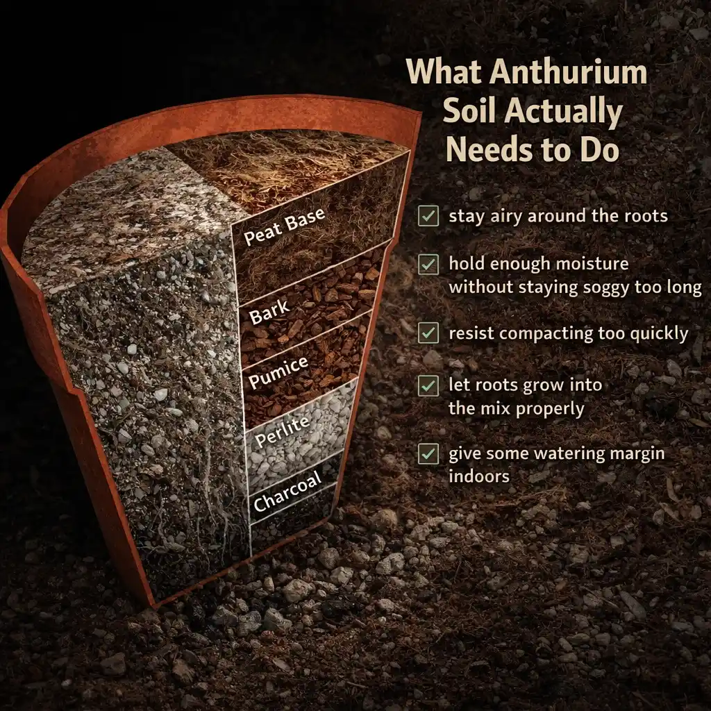 Illustration of an Anthurium potting mix cross-section showing an airy peat-based structure with bark, pumice, perlite, charcoal, and a checklist of ideal soil qualities